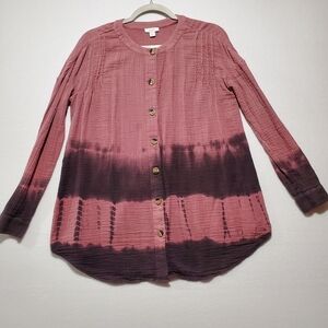 Pure J Jill Size XS Womens Tunic Tie Dye‎ Button Up Rose Mauve Crinkle Cotton
